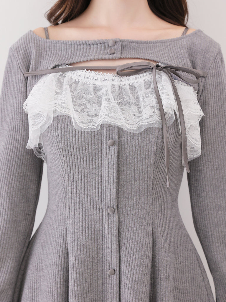 Lace frill rib knit mini onepiece(eme11141)