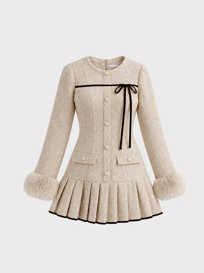 Fur trim ribbon tweed mini onepiece(eme11144)