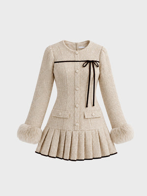 Fur trim ribbon tweed mini onepiece(eme11144)