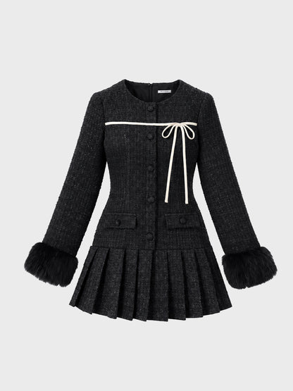 Fur trim ribbon tweed mini onepiece(eme11144)