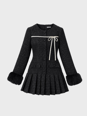 Fur trim ribbon tweed mini onepiece(eme11144)