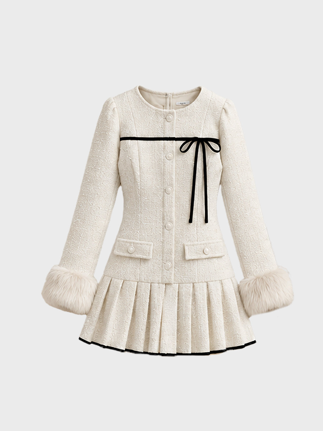 Fur trim ribbon tweed mini onepiece(eme11144)