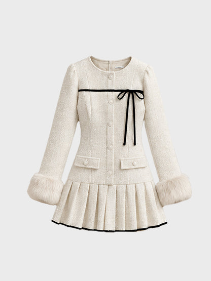 Fur trim ribbon tweed mini onepiece(eme11144)