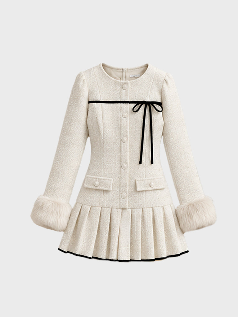 Fur trim ribbon tweed mini onepiece(eme11144)