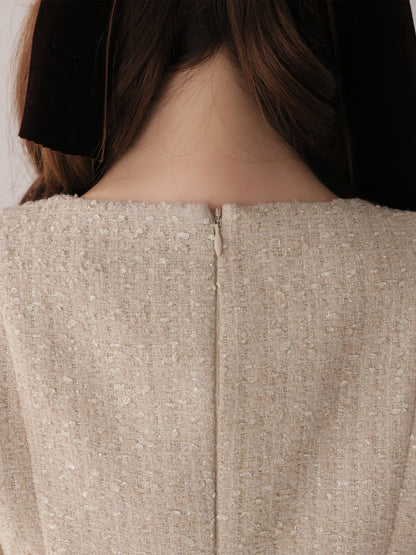 Fur trim ribbon tweed mini onepiece(eme11144)