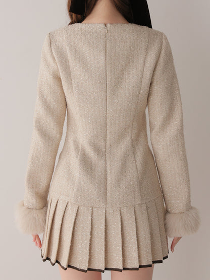 Fur trim ribbon tweed mini onepiece(eme11144)