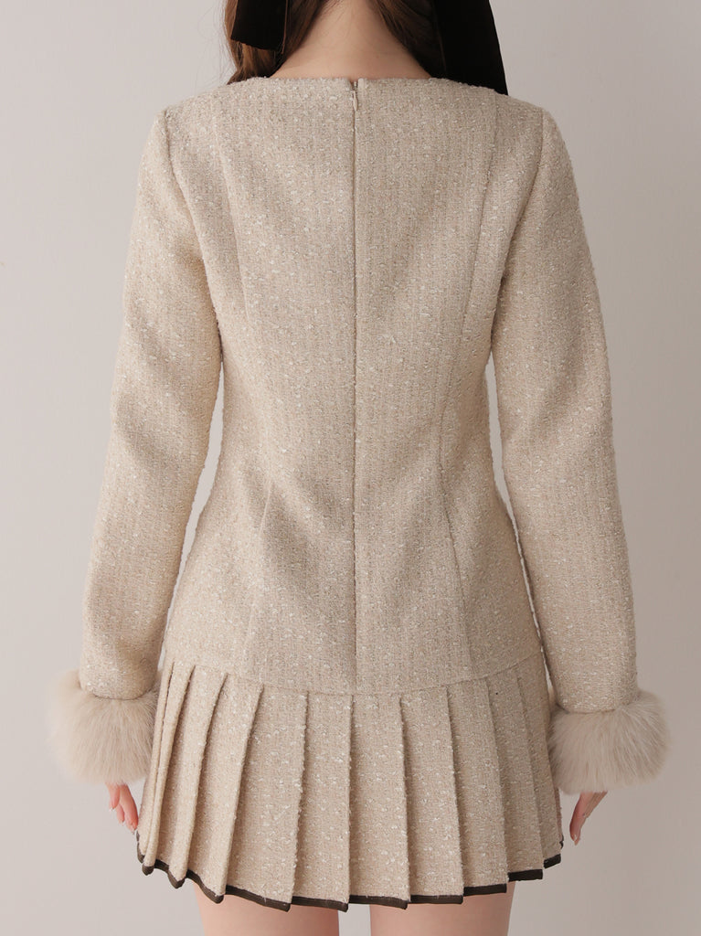 Fur trim ribbon tweed mini onepiece(eme11144)