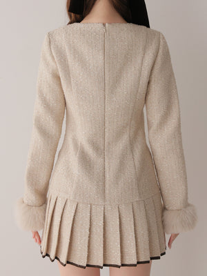Fur trim ribbon tweed mini onepiece(eme11144)