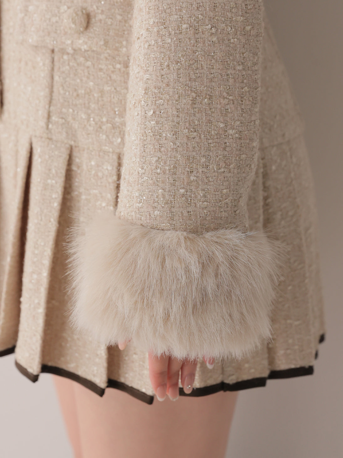 Fur trim ribbon tweed mini onepiece(eme11144)