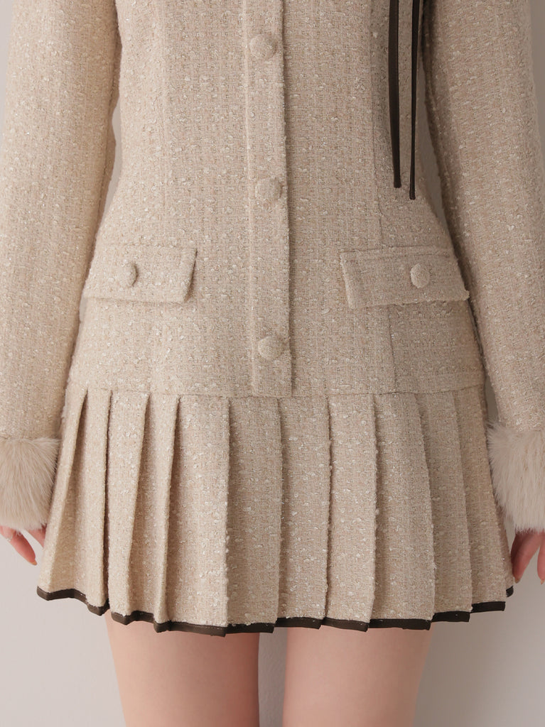 Fur trim ribbon tweed mini onepiece(eme11144)