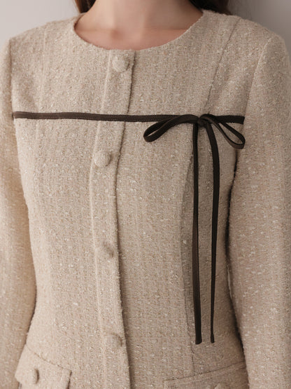 Fur trim ribbon tweed mini onepiece(eme11144)