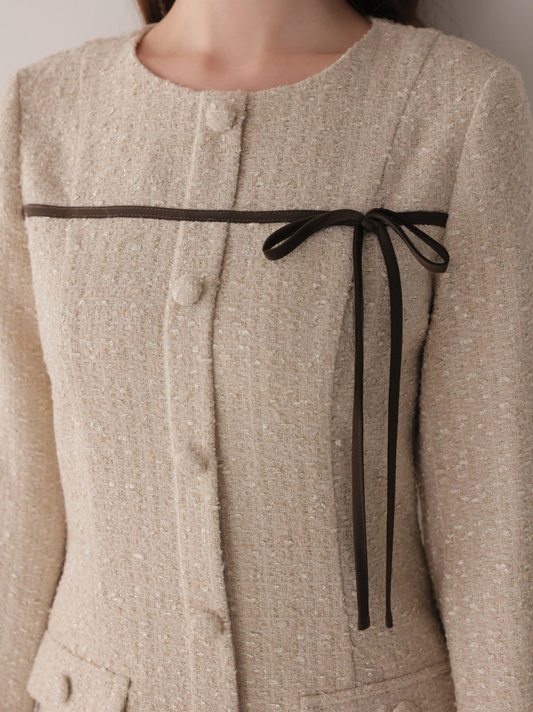 Fur trim ribbon tweed mini onepiece(eme11144)