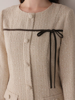 Fur trim ribbon tweed mini onepiece(eme11144)