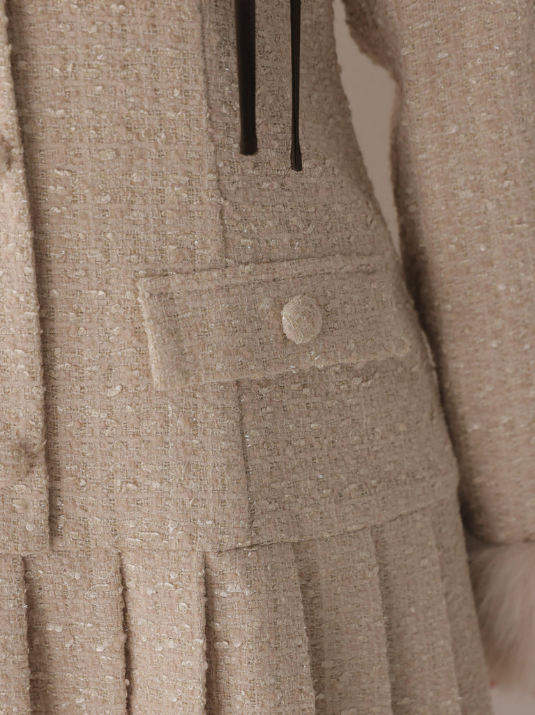 Fur trim ribbon tweed mini onepiece(eme11144)