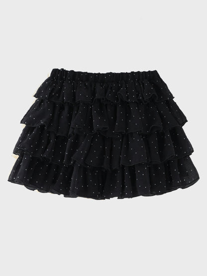 Flocky dot chiffon tiered mini skirt(eme11147)