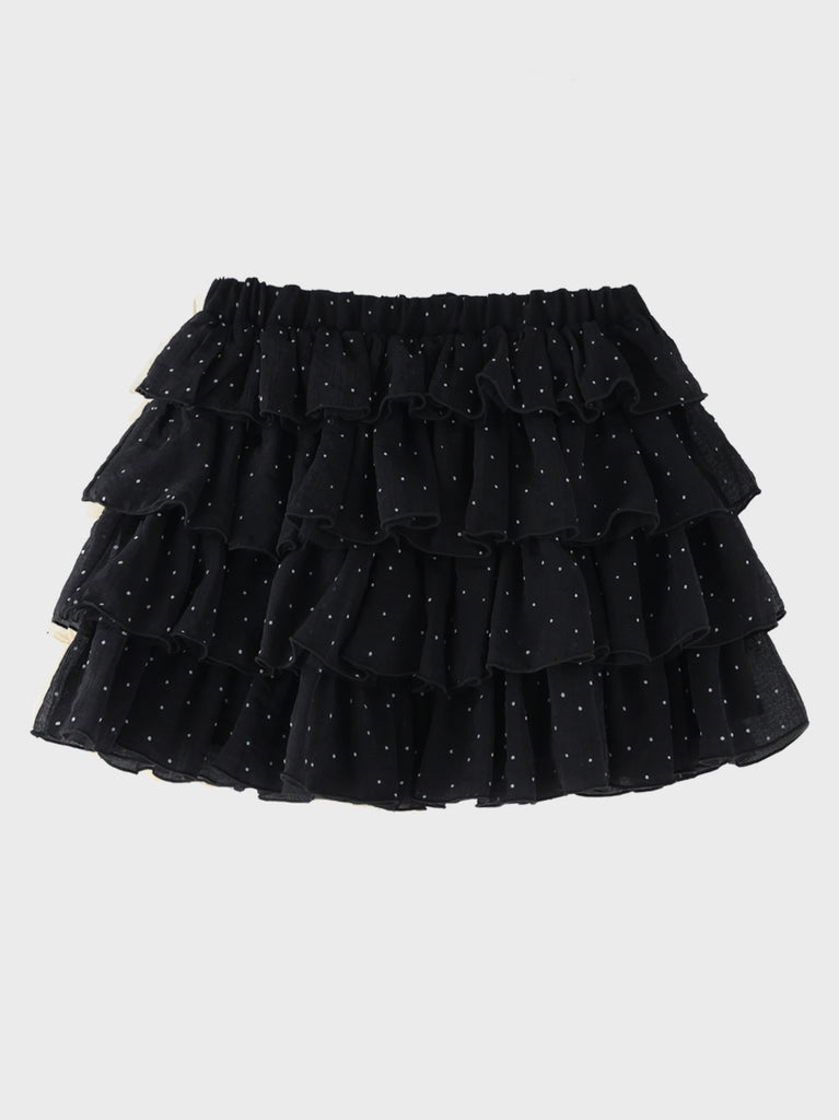 Flocky dot chiffon tiered mini skirt(eme11147)