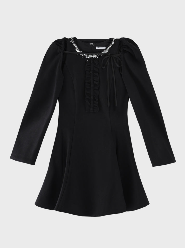 【Pre Order】Jewel neck puff sleeve mini onepiece(eme11148)