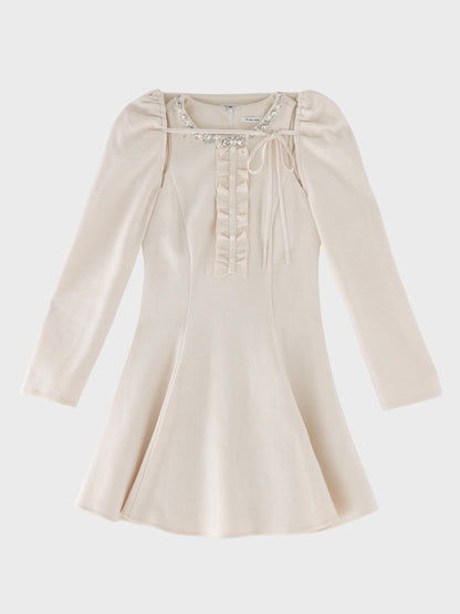 【Pre Order】Jewel neck puff sleeve mini onepiece(eme11148)