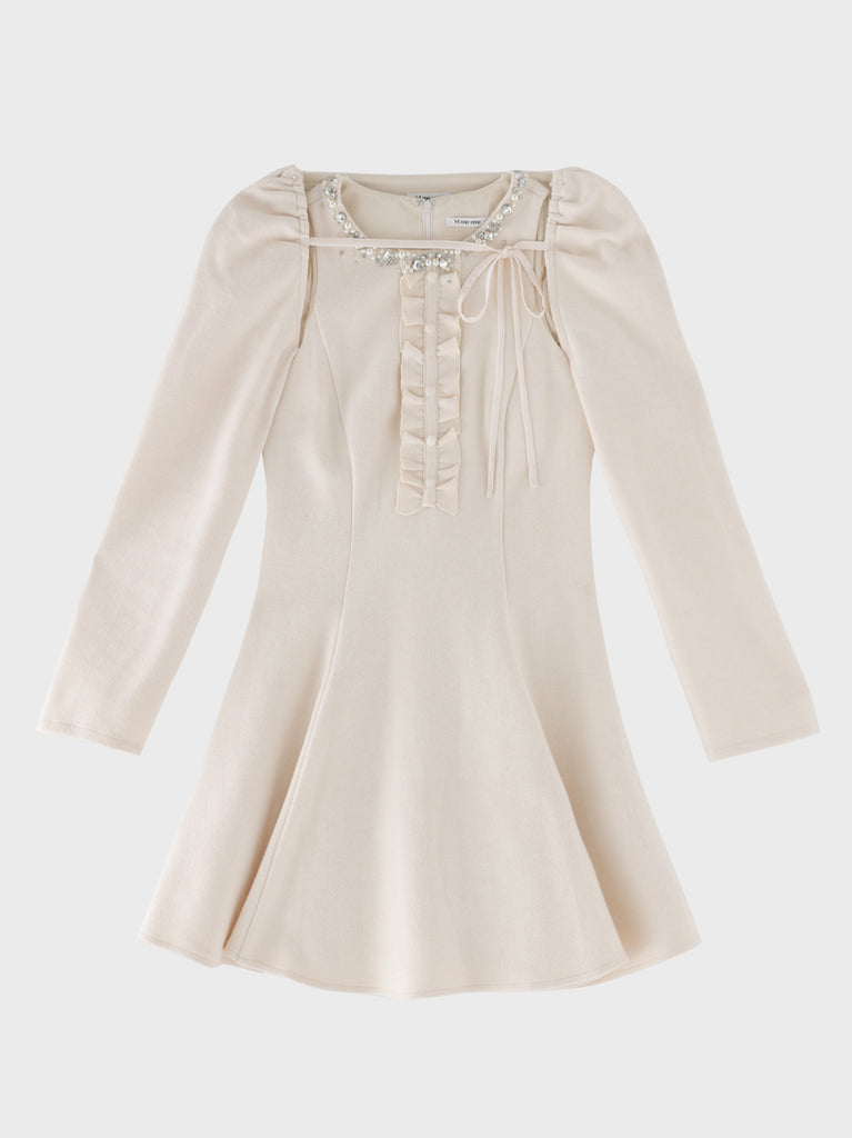 【Pre Order】Jewel neck puff sleeve mini onepiece(eme11148)