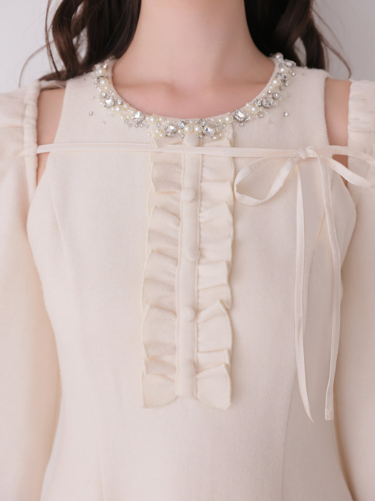 【Pre Order】Jewel neck puff sleeve mini onepiece(eme11148)