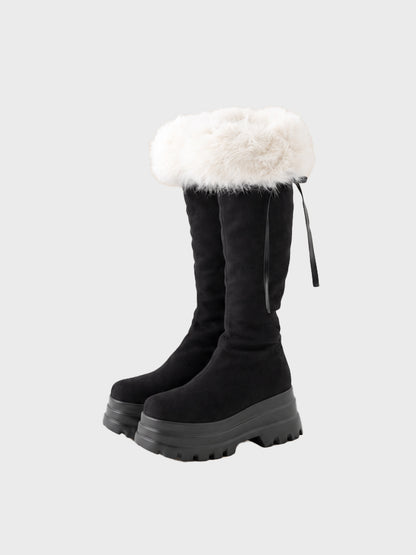 【Pre Order】Ribbon belt fur platform long boots(eme11157)
