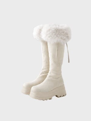 【Pre Order】Ribbon belt fur platform long boots(eme11157)