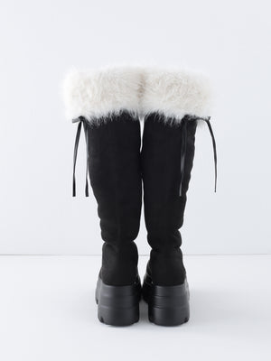【Pre Order】Ribbon belt fur platform long boots(eme11157)