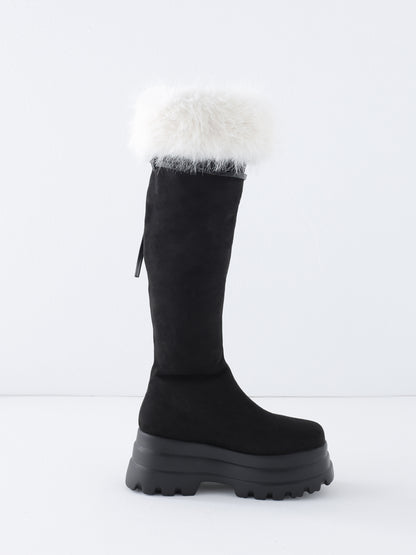 【Pre Order】Ribbon belt fur platform long boots(eme11157)