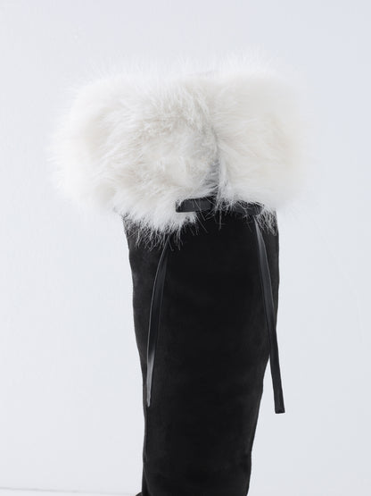 【Pre Order】Ribbon belt fur platform long boots(eme11157)