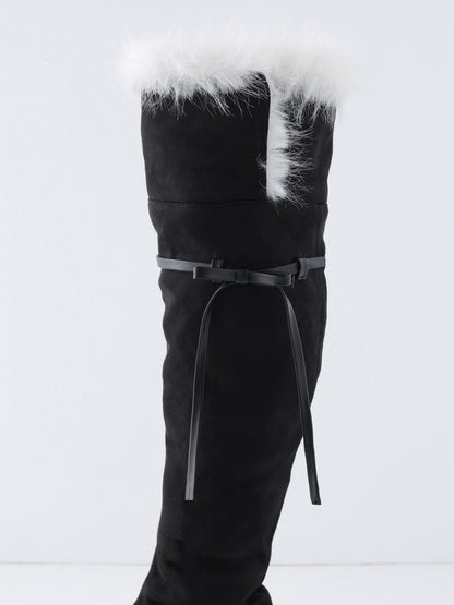 【Pre Order】Ribbon belt fur platform long boots(eme11157)