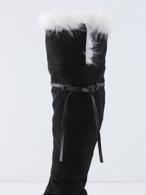 【Pre Order】Ribbon belt fur platform long boots(eme11157)