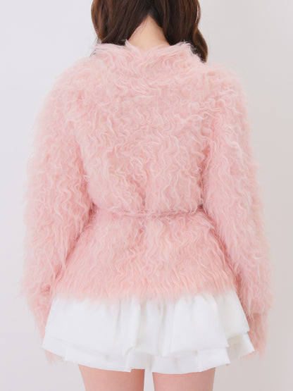 Boucle ribbon feather knit cardigan(eme11158)