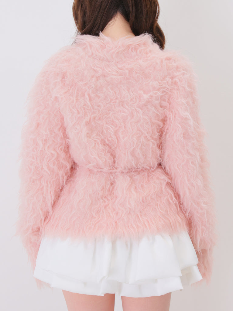 Boucle ribbon feather knit cardigan(eme11158)