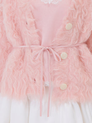 Boucle ribbon feather knit cardigan(eme11158)