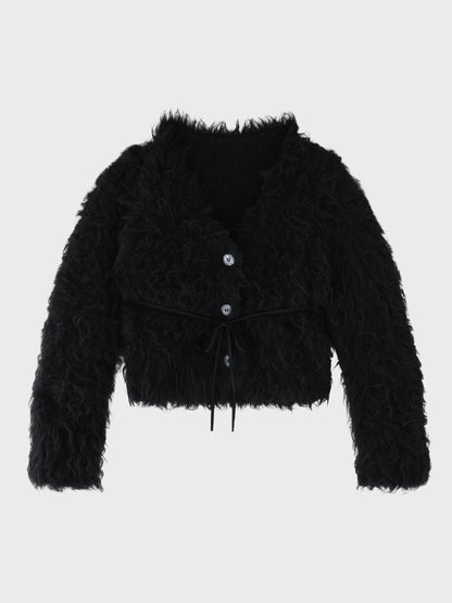 Boucle ribbon feather knit cardigan(eme11158)