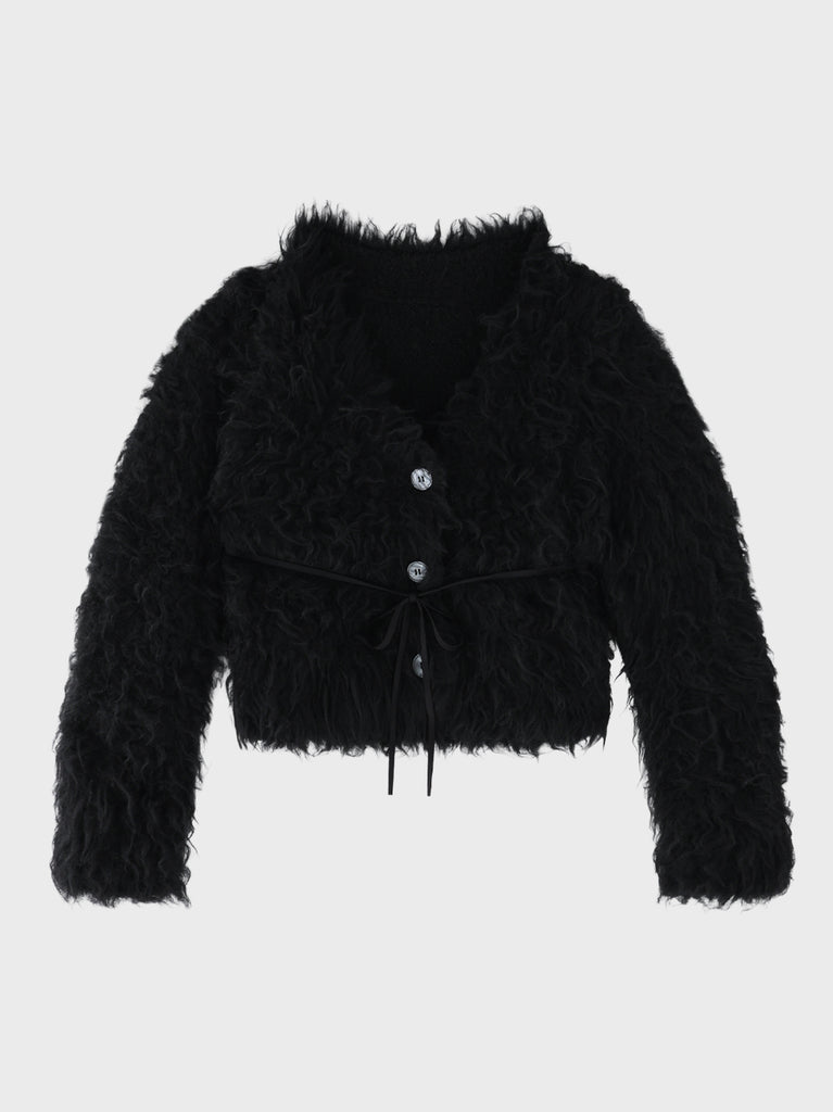 Boucle ribbon feather knit cardigan(eme11158)
