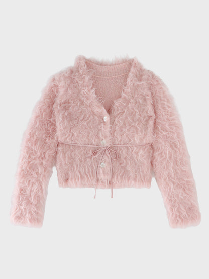 Boucle ribbon feather knit cardigan(eme11158)