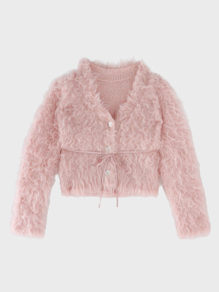 Boucle ribbon feather knit cardigan(eme11158)