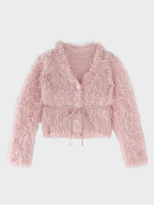 Boucle ribbon feather knit cardigan(eme11158)