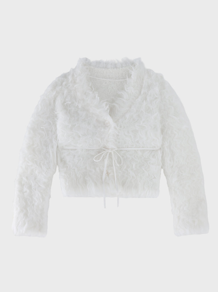 Boucle ribbon feather knit cardigan(eme11158)