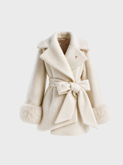 【Pre Order】Fur cuffs ribbon belted coat(eme11162)