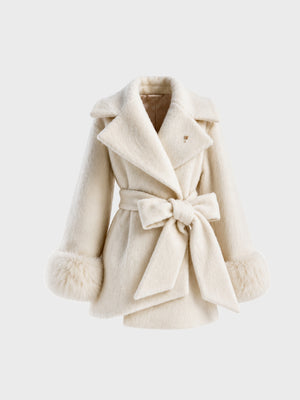 【Pre Order】Fur cuffs ribbon belted coat(eme11162)