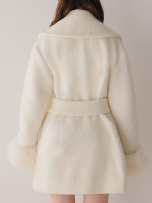 【Pre Order】Fur cuffs ribbon belted coat(eme11162)
