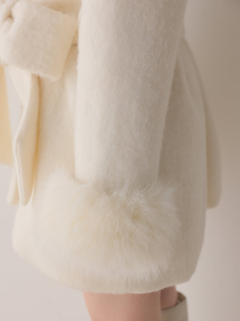 【Pre Order】Fur cuffs ribbon belted coat(eme11162)