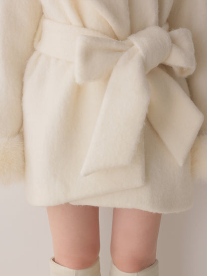 【Pre Order】Fur cuffs ribbon belted coat(eme11162)