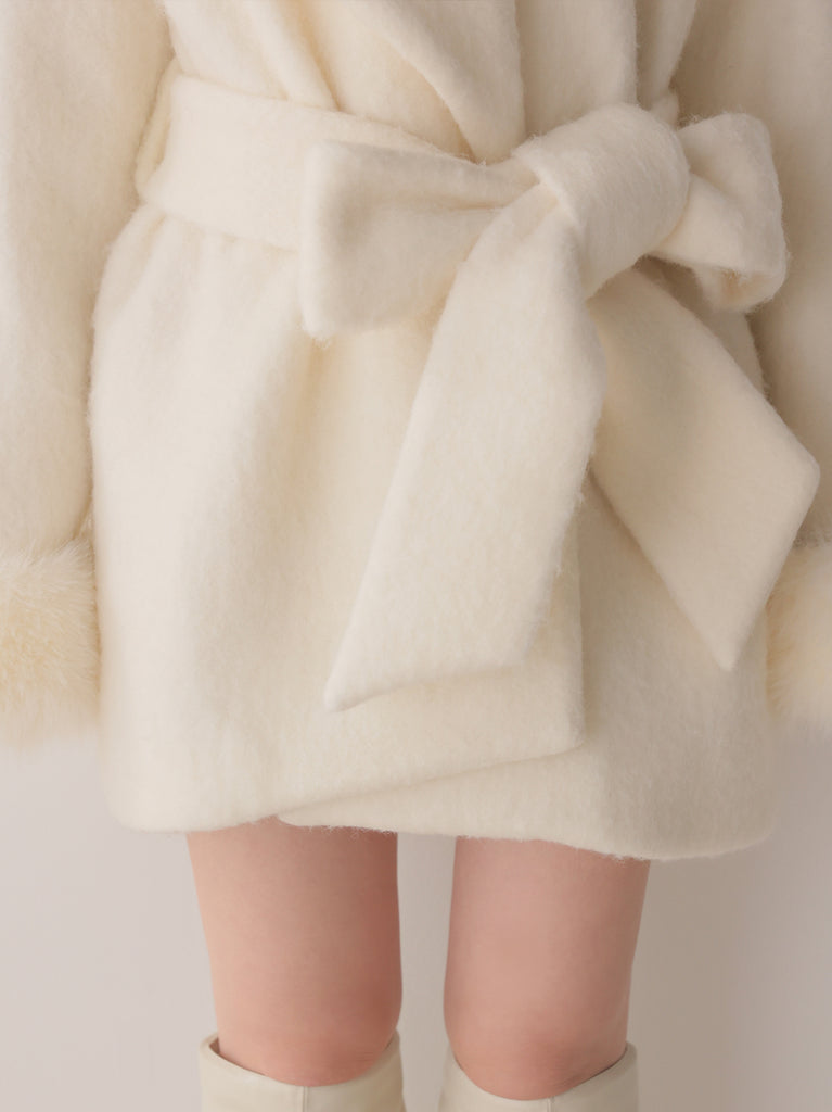 【Pre Order】Fur cuffs ribbon belted coat(eme11162)