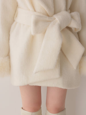 【Pre Order】Fur cuffs ribbon belted coat(eme11162)