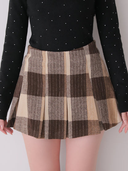 Autumn check pleats mini skirt(eme11174)