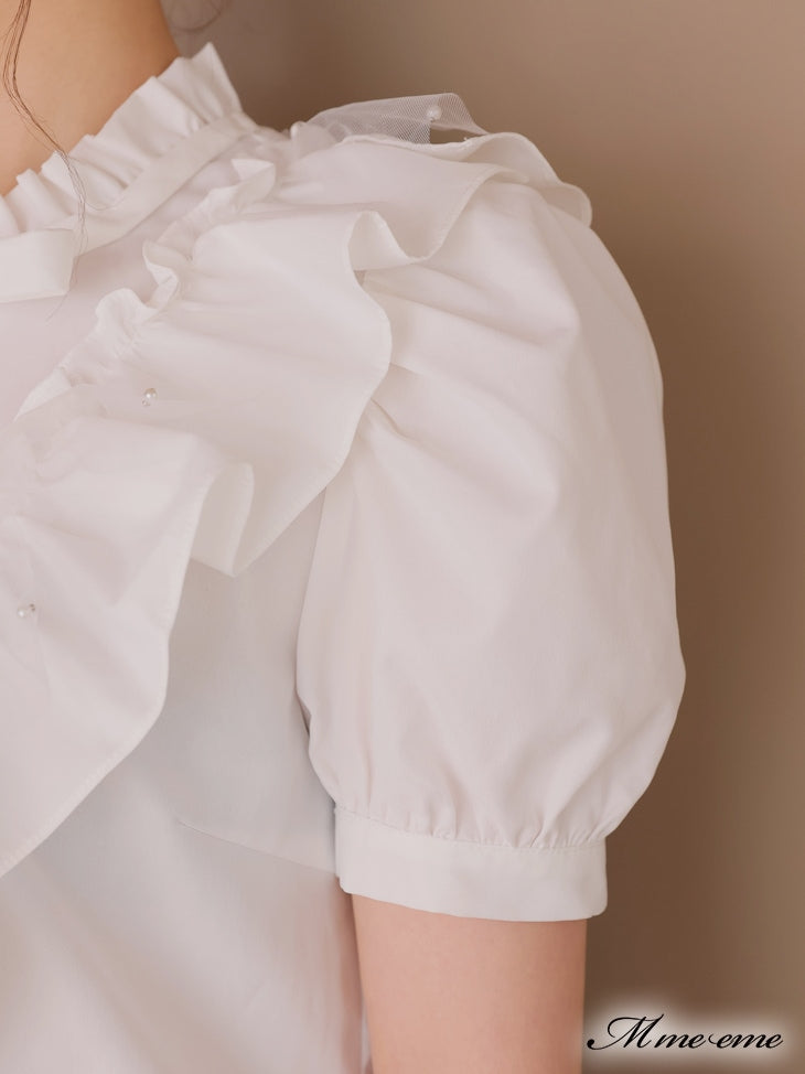 【SALE】Pearl ruffle bow tie blouse (eme10224)