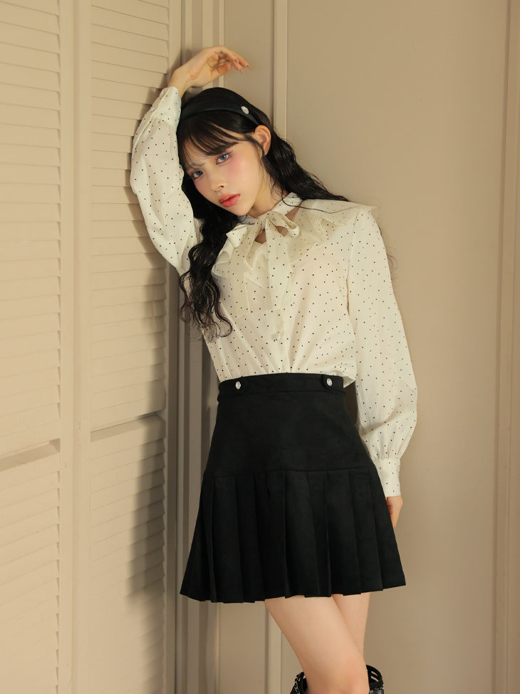 【SALE】Dot flocky ruffle ribbon blouse (eme10228)